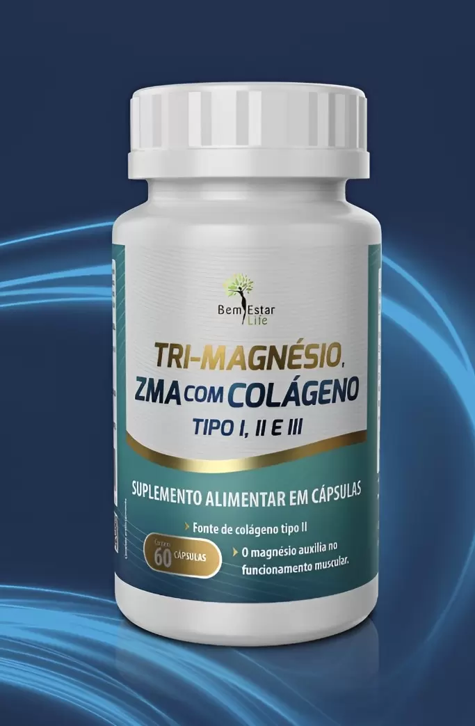 TRI MAGNÉSIO+ZMA COM COLAGENO TIPO  1, 2, 3 - 60 Caps. 